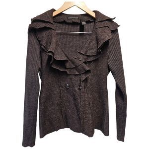 Elena Solano Boiled Wool Double‎ Breasted Sweater Coat Blazer Brown S Ruffles
